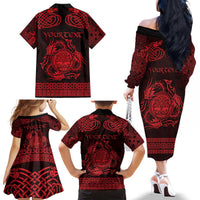 Personalized Radnorshire Sir Faesyfed Family Matching Off The Shoulder Long Sleeve Dress and Hawaiian Shirt Red Oak Tree Of Life Celtic-inspired - Wonder Print Shop
