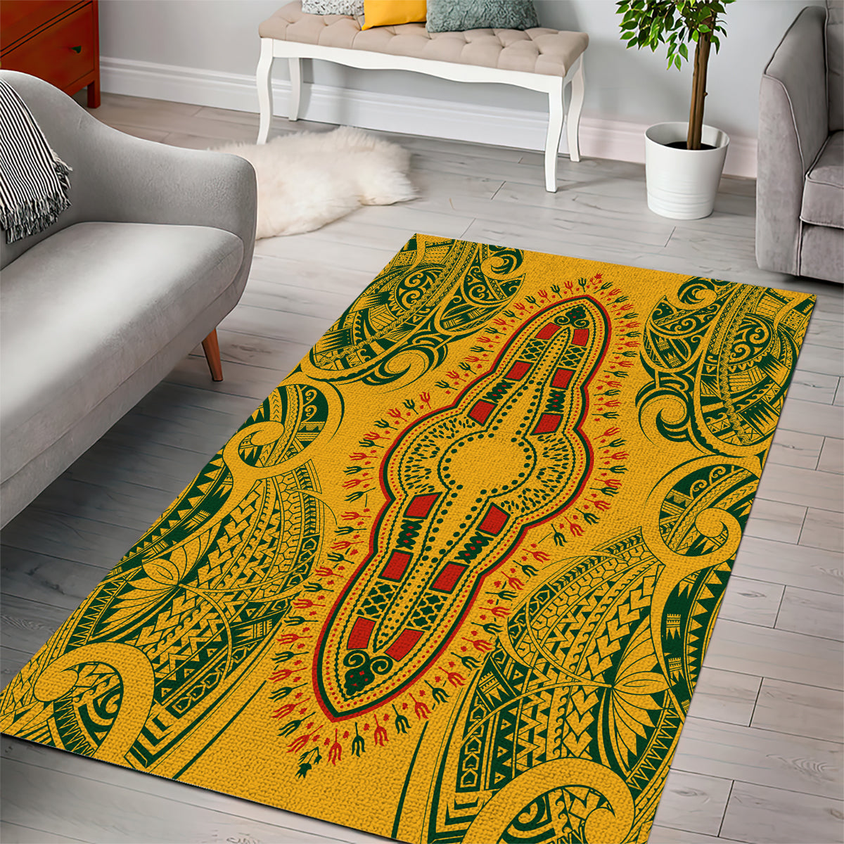 Africa Dashiki Area Rug African Tribal Art Mixed Polynesian Tattoo Gold Color Unique LT9 - Wonder Print Shop