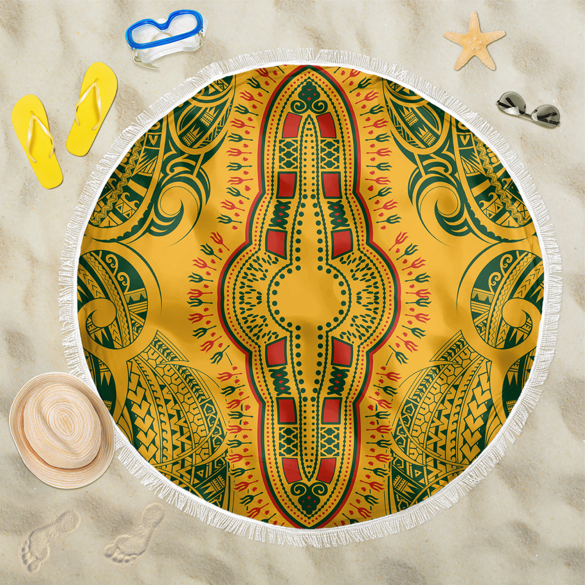 Africa Dashiki Beach Blanket African Tribal Art Mixed Polynesian Tattoo Gold Color Unique LT9 - Wonder Print Shop