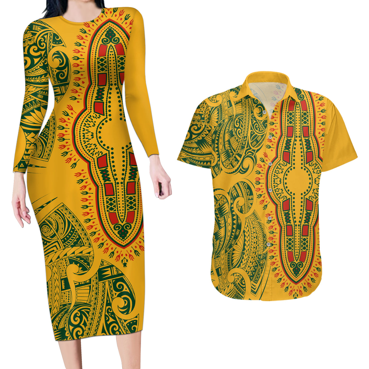 Africa Dashiki Couples Matching Long Sleeve Bodycon Dress and Hawaiian Shirt African Tribal Art Mixed Polynesian Tattoo Gold Color Unique LT9 - Wonder Print Shop