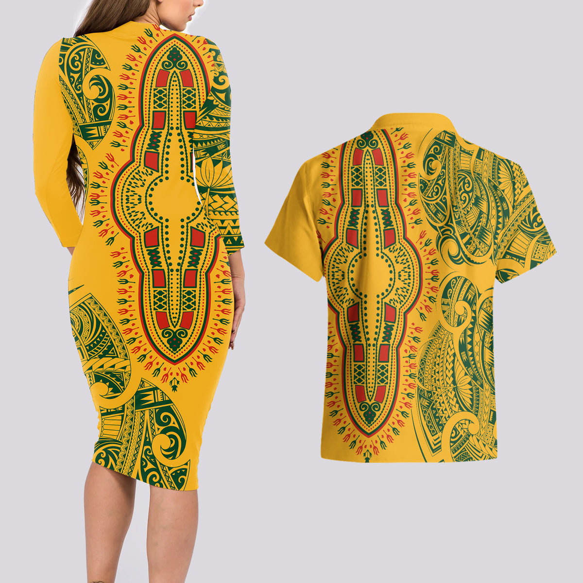 Africa Dashiki Couples Matching Long Sleeve Bodycon Dress and Hawaiian Shirt African Tribal Art Mixed Polynesian Tattoo Gold Color Unique LT9 - Wonder Print Shop