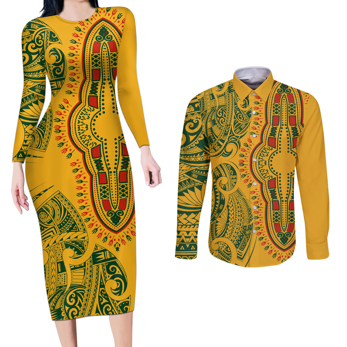 Africa Dashiki Couples Matching Long Sleeve Bodycon Dress and Long Sleeve Button Shirts African Tribal Art Mixed Polynesian Tattoo Gold Color Unique LT9 - Wonder Print Shop