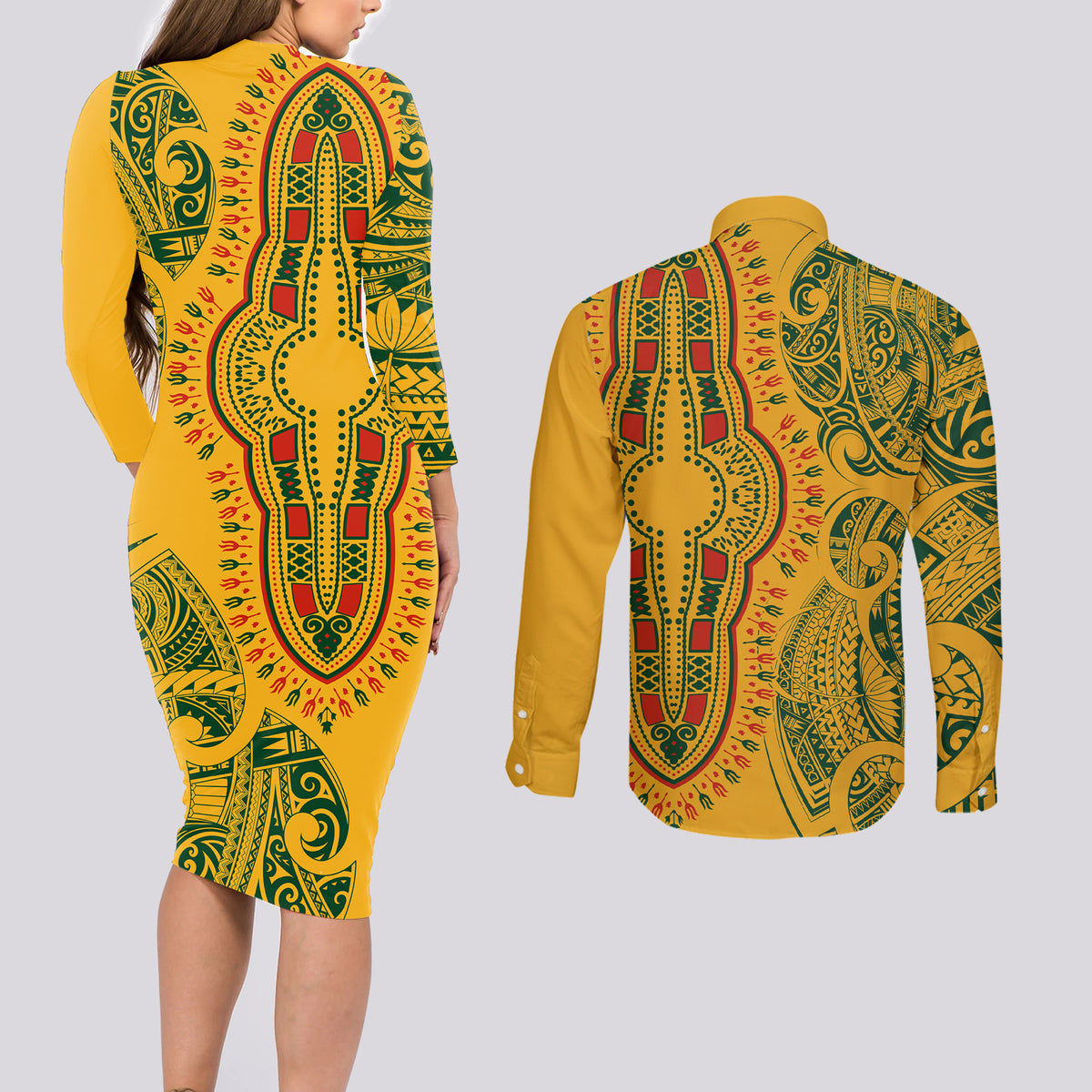 Africa Dashiki Couples Matching Long Sleeve Bodycon Dress and Long Sleeve Button Shirts African Tribal Art Mixed Polynesian Tattoo Gold Color Unique LT9 - Wonder Print Shop