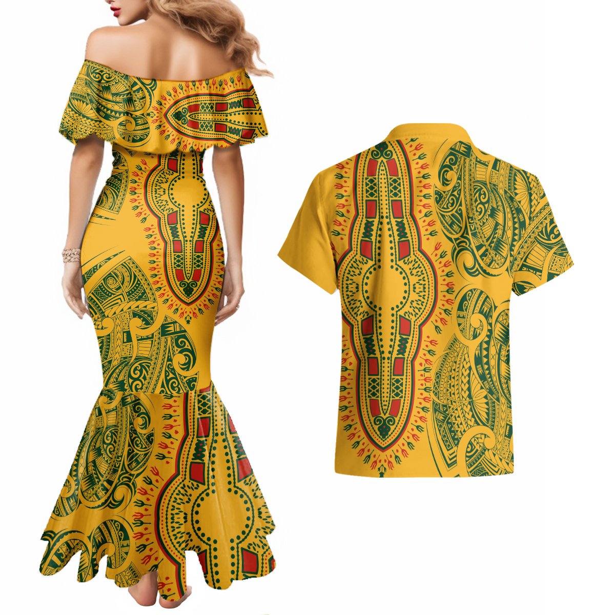 Africa Dashiki Couples Matching Mermaid Dress and Hawaiian Shirt African Tribal Art Mixed Polynesian Tattoo Gold Color Unique LT9 - Wonder Print Shop