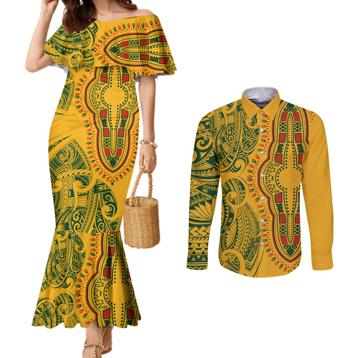 africa-dashiki-couples-matching-mermaid-dress-and-long-sleeve-button-shirts-african-tribal-art-mixed-polynesian-tattoo-gold-color-unique