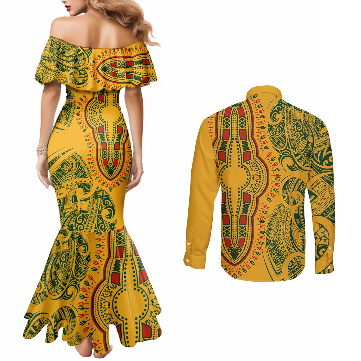 africa-dashiki-couples-matching-mermaid-dress-and-long-sleeve-button-shirts-african-tribal-art-mixed-polynesian-tattoo-gold-color-unique