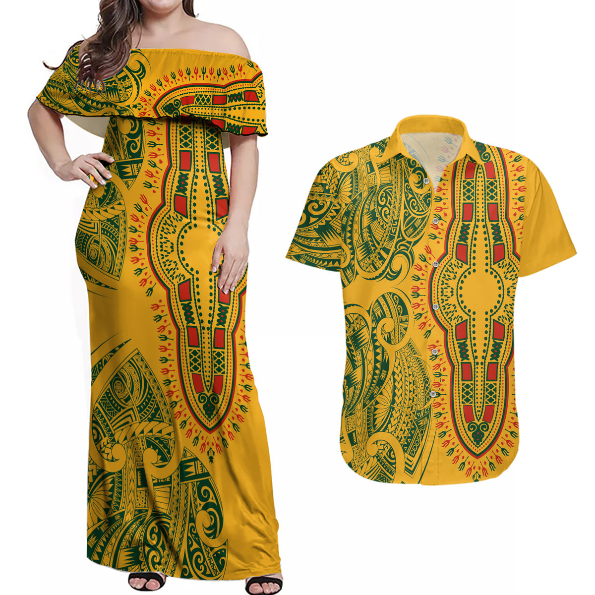 Africa Dashiki Couples Matching Off Shoulder Maxi Dress and Hawaiian Shirt African Tribal Art Mixed Polynesian Tattoo Gold Color Unique LT9 - Wonder Print Shop