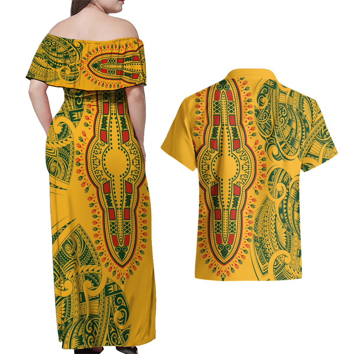Africa Dashiki Couples Matching Off Shoulder Maxi Dress and Hawaiian Shirt African Tribal Art Mixed Polynesian Tattoo Gold Color Unique LT9 - Wonder Print Shop