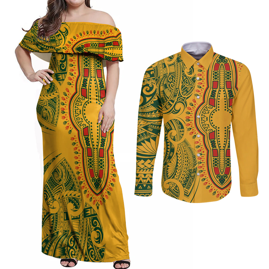 Africa Dashiki Couples Matching Off Shoulder Maxi Dress and Long Sleeve Button Shirts African Tribal Art Mixed Polynesian Tattoo Gold Color Unique LT9 - Wonder Print Shop