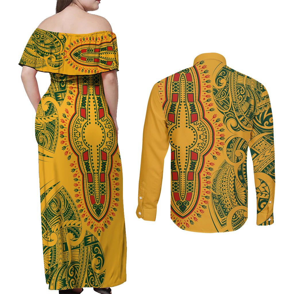 Africa Dashiki Couples Matching Off Shoulder Maxi Dress and Long Sleeve Button Shirts African Tribal Art Mixed Polynesian Tattoo Gold Color Unique LT9 - Wonder Print Shop