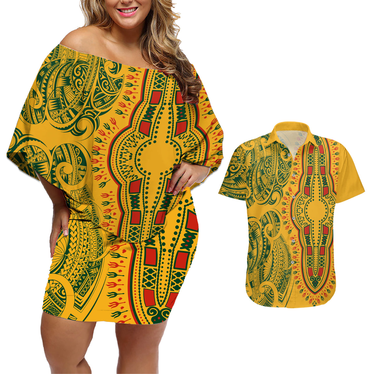 Africa Dashiki Couples Matching Off Shoulder Short Dress and Hawaiian Shirt African Tribal Art Mixed Polynesian Tattoo Gold Color Unique LT9 - Wonder Print Shop