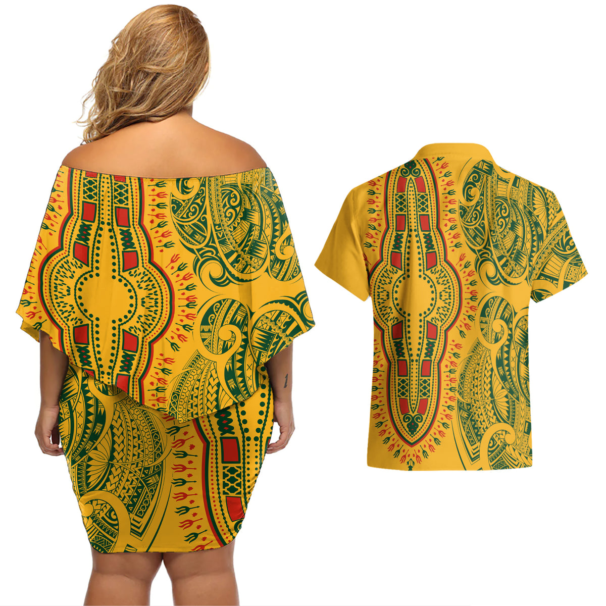 Africa Dashiki Couples Matching Off Shoulder Short Dress and Hawaiian Shirt African Tribal Art Mixed Polynesian Tattoo Gold Color Unique LT9 - Wonder Print Shop