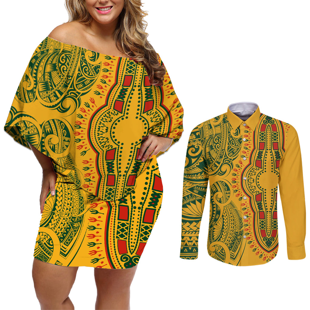 Africa Dashiki Couples Matching Off Shoulder Short Dress and Long Sleeve Button Shirts African Tribal Art Mixed Polynesian Tattoo Gold Color Unique LT9 - Wonder Print Shop