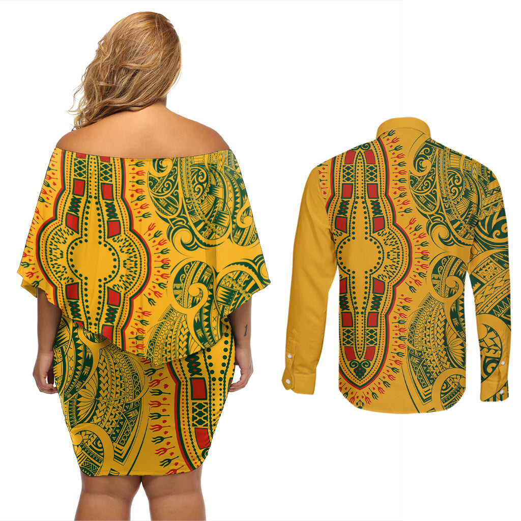 Africa Dashiki Couples Matching Off Shoulder Short Dress and Long Sleeve Button Shirts African Tribal Art Mixed Polynesian Tattoo Gold Color Unique LT9 - Wonder Print Shop