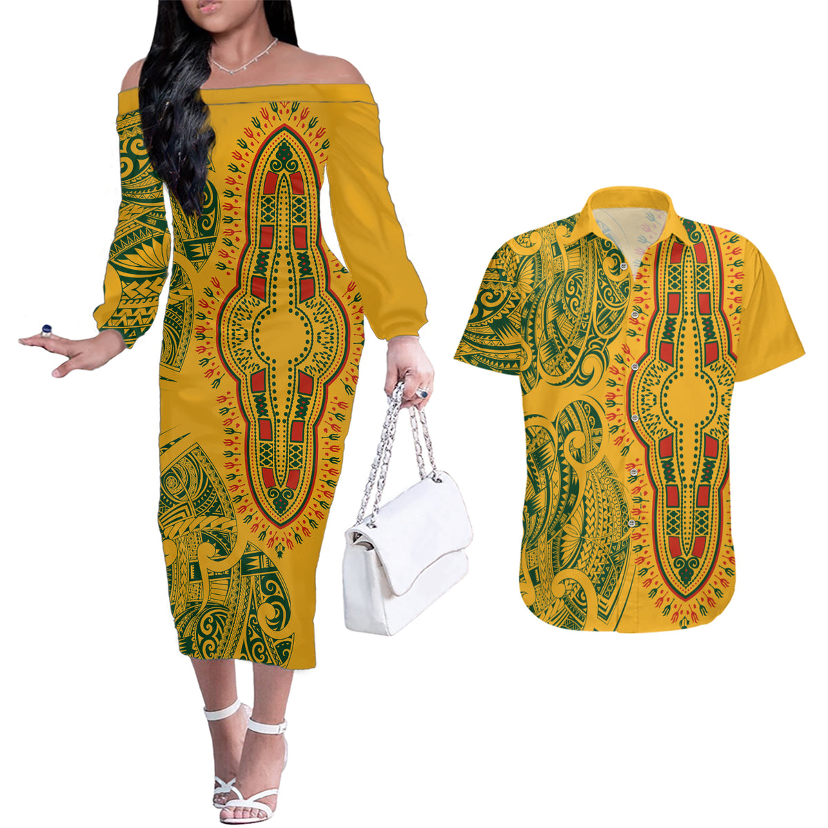 Africa Dashiki Couples Matching Off The Shoulder Long Sleeve Dress and Hawaiian Shirt African Tribal Art Mixed Polynesian Tattoo Gold Color Unique LT9 - Wonder Print Shop