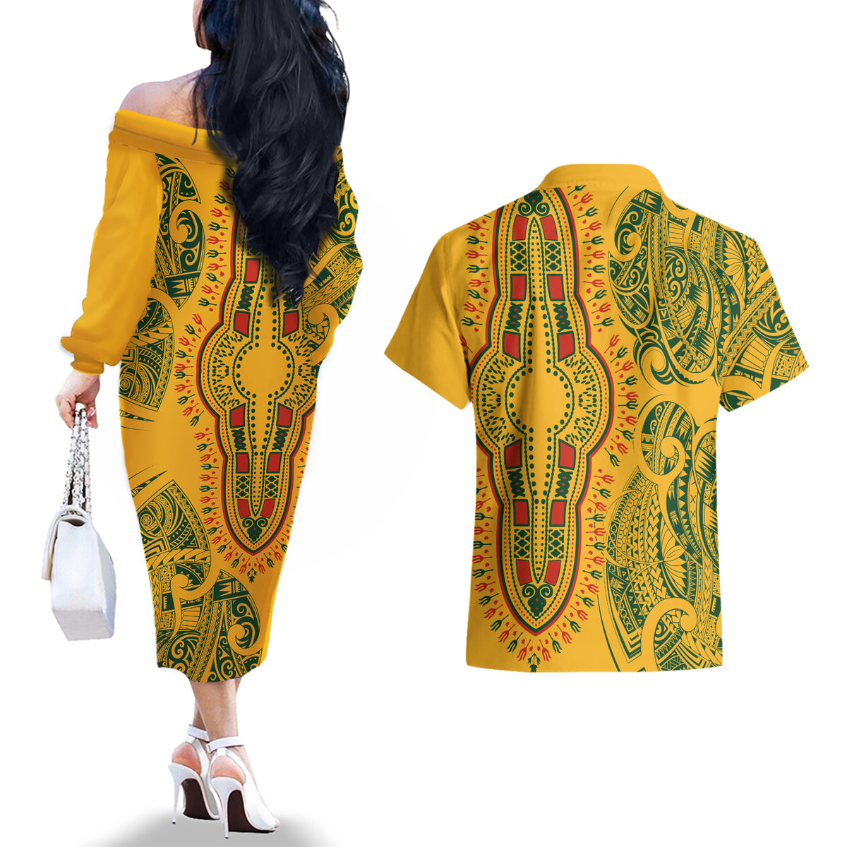 Africa Dashiki Couples Matching Off The Shoulder Long Sleeve Dress and Hawaiian Shirt African Tribal Art Mixed Polynesian Tattoo Gold Color Unique LT9 - Wonder Print Shop