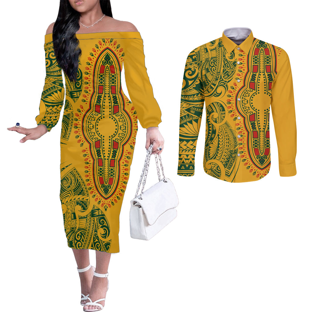 africa-dashiki-couples-matching-off-the-shoulder-long-sleeve-dress-and-long-sleeve-button-shirts-african-tribal-art-mixed-polynesian-tattoo-gold-color-unique
