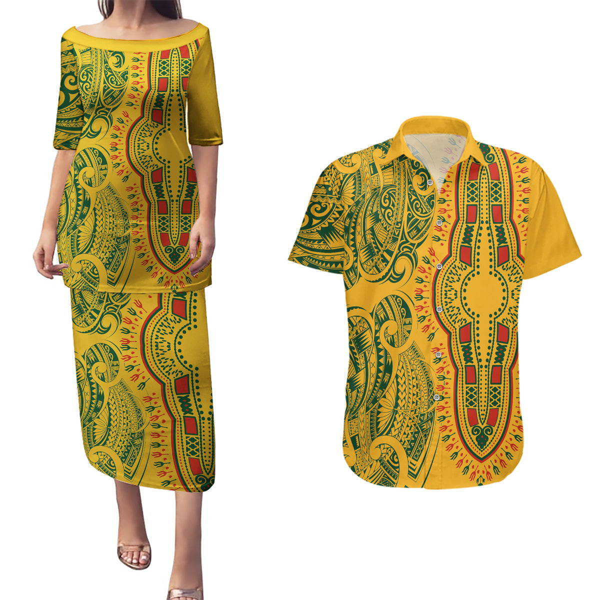 Africa Dashiki Couples Matching Puletasi Dress and Hawaiian Shirt African Tribal Art Mixed Polynesian Tattoo Gold Color Unique LT9 - Wonder Print Shop