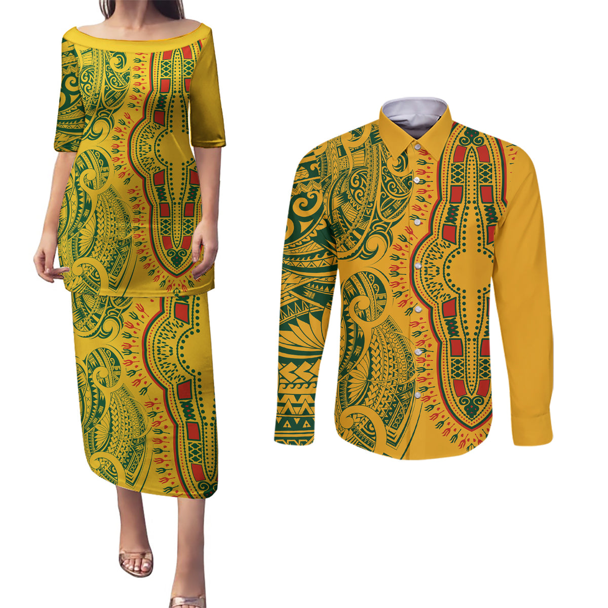 Africa Dashiki Couples Matching Puletasi Dress and Long Sleeve Button Shirts African Tribal Art Mixed Polynesian Tattoo Gold Color Unique LT9 - Wonder Print Shop