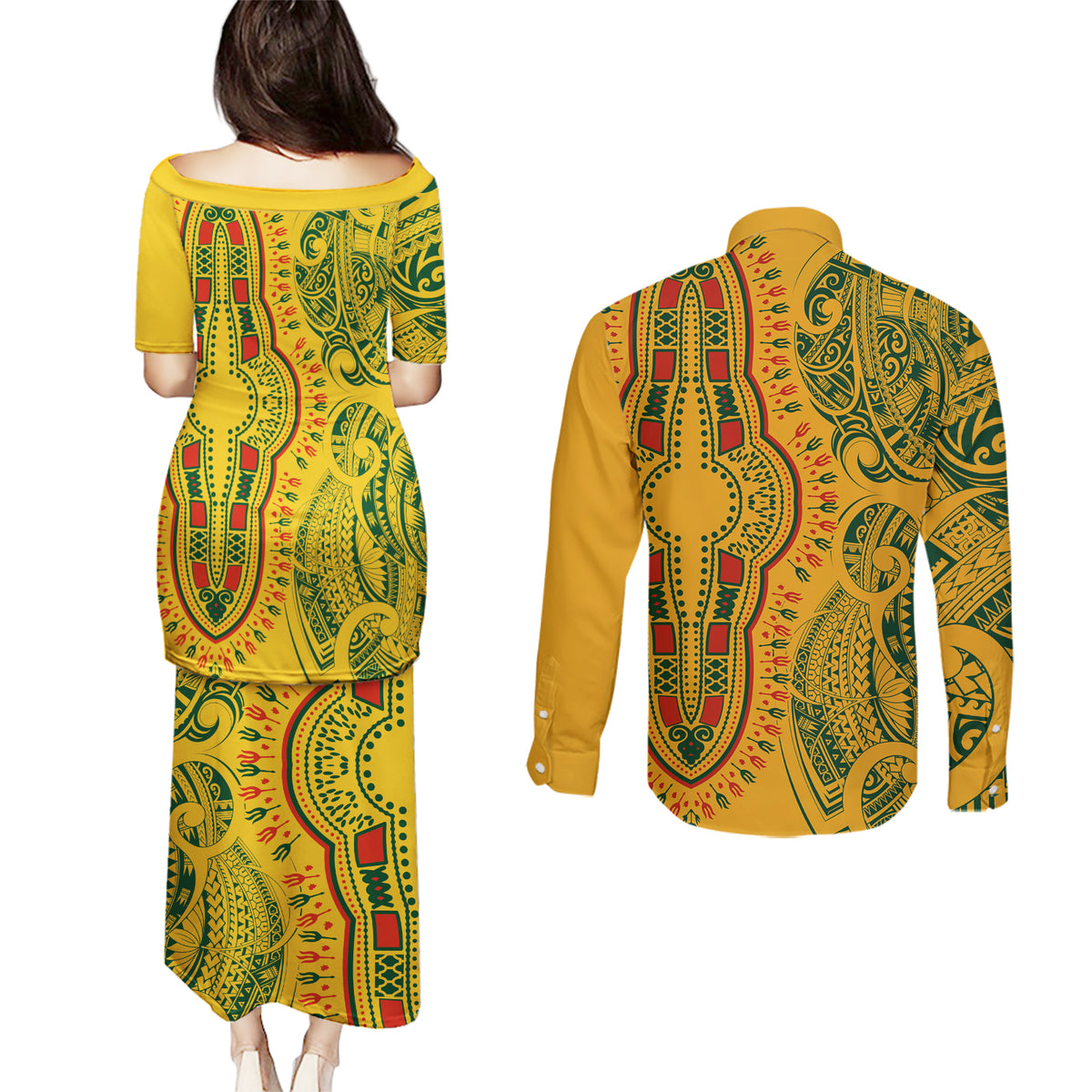 Africa Dashiki Couples Matching Puletasi Dress and Long Sleeve Button Shirts African Tribal Art Mixed Polynesian Tattoo Gold Color Unique LT9 - Wonder Print Shop