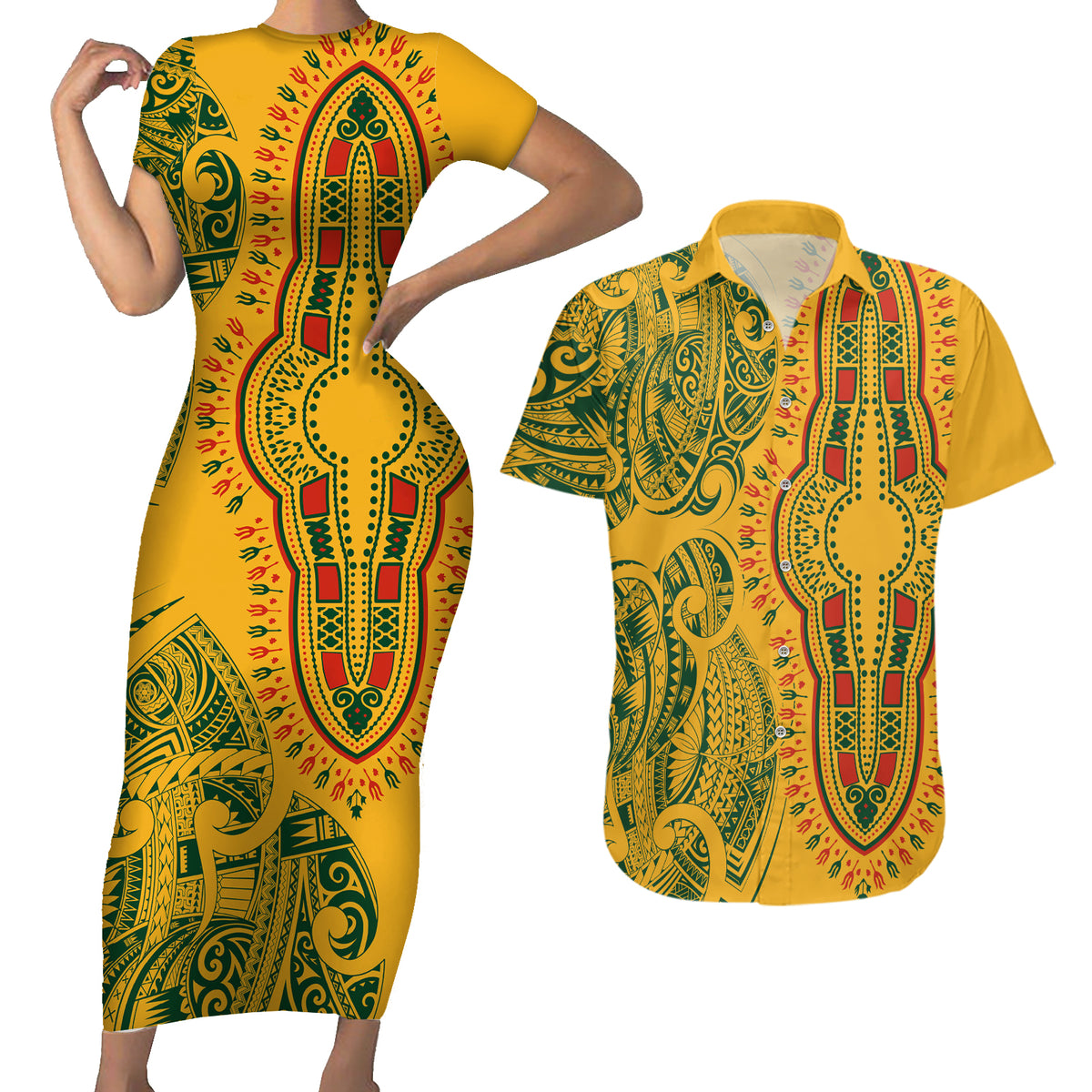 Africa Dashiki Couples Matching Short Sleeve Bodycon Dress and Hawaiian Shirt African Tribal Art Mixed Polynesian Tattoo Gold Color Unique LT9 - Wonder Print Shop