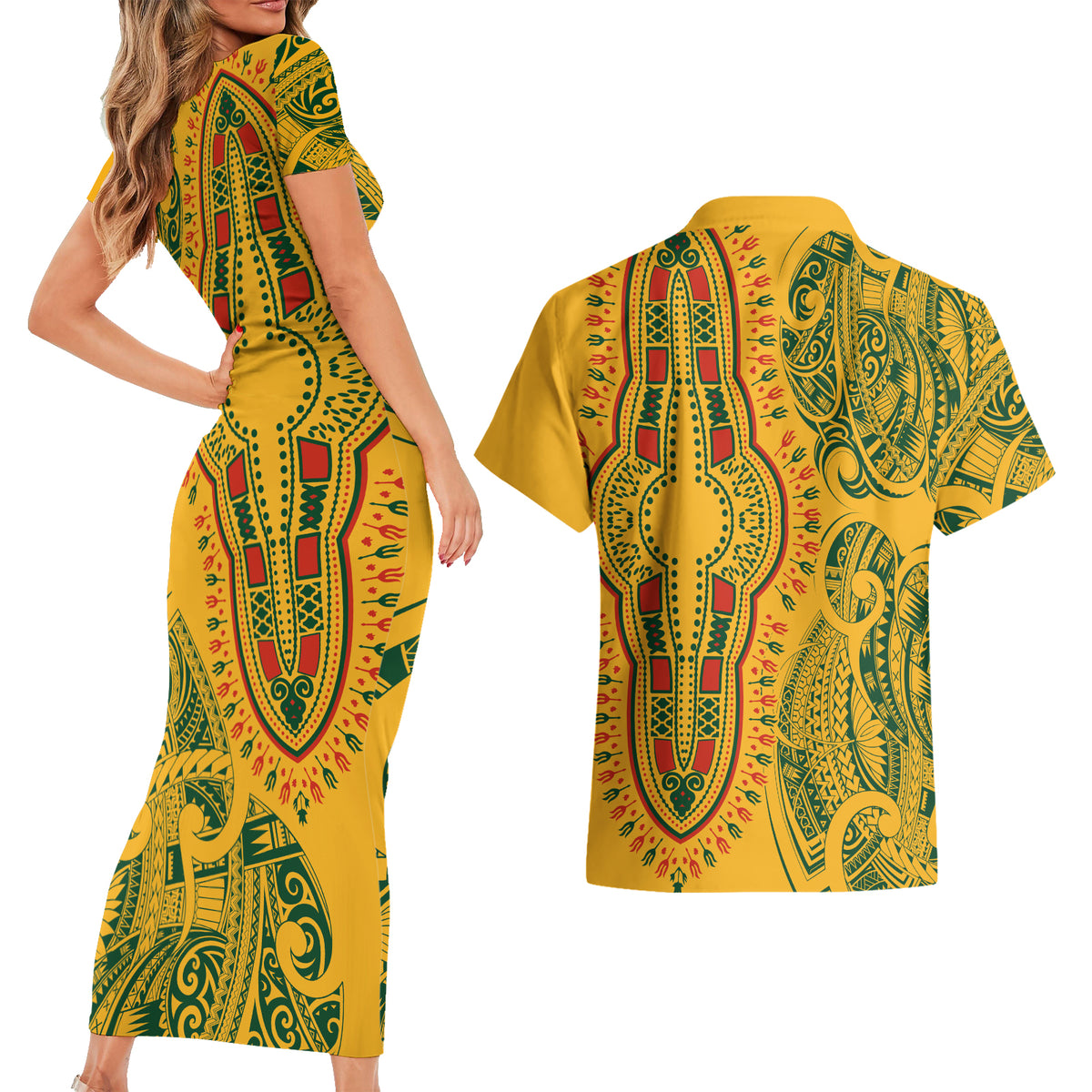 Africa Dashiki Couples Matching Short Sleeve Bodycon Dress and Hawaiian Shirt African Tribal Art Mixed Polynesian Tattoo Gold Color Unique LT9 - Wonder Print Shop