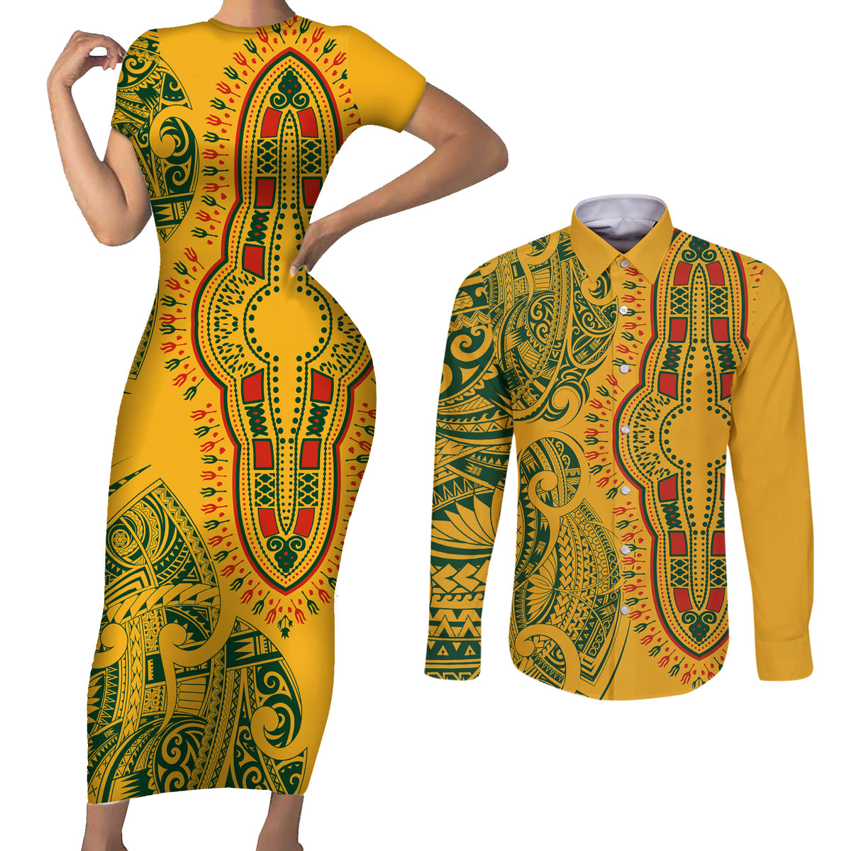 Africa Dashiki Couples Matching Short Sleeve Bodycon Dress and Long Sleeve Button Shirts African Tribal Art Mixed Polynesian Tattoo Gold Color Unique LT9 - Wonder Print Shop