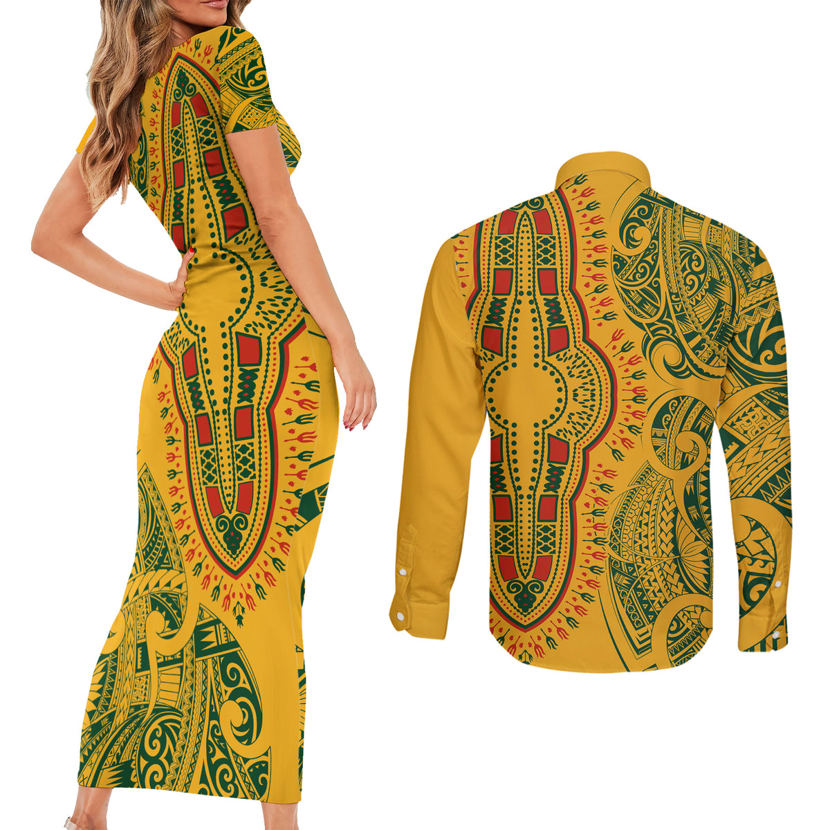 Africa Dashiki Couples Matching Short Sleeve Bodycon Dress and Long Sleeve Button Shirts African Tribal Art Mixed Polynesian Tattoo Gold Color Unique LT9 - Wonder Print Shop