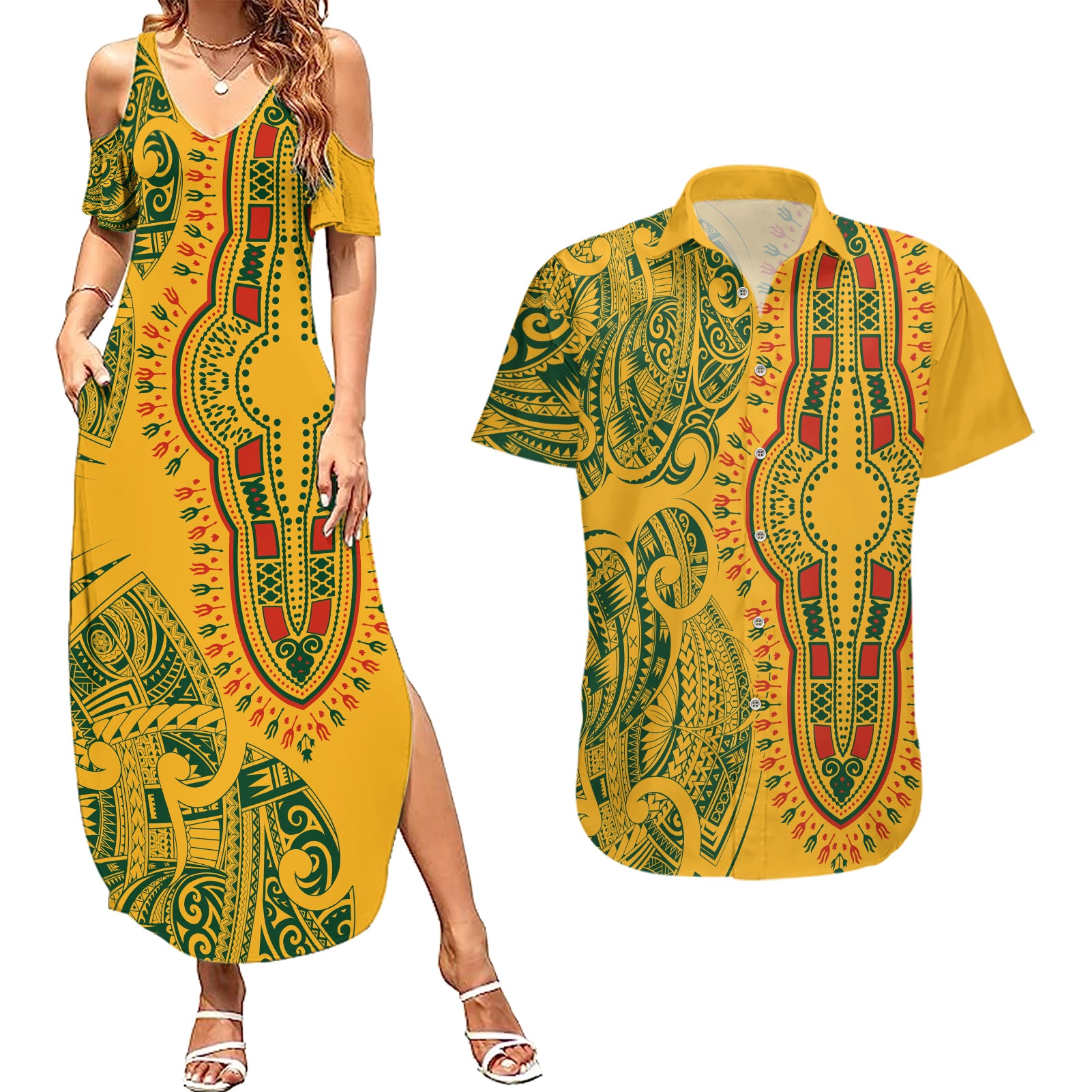 Africa Dashiki Couples Matching Summer Maxi Dress and Hawaiian Shirt African Tribal Art Mixed Polynesian Tattoo Gold Color Unique LT9 - Wonder Print Shop