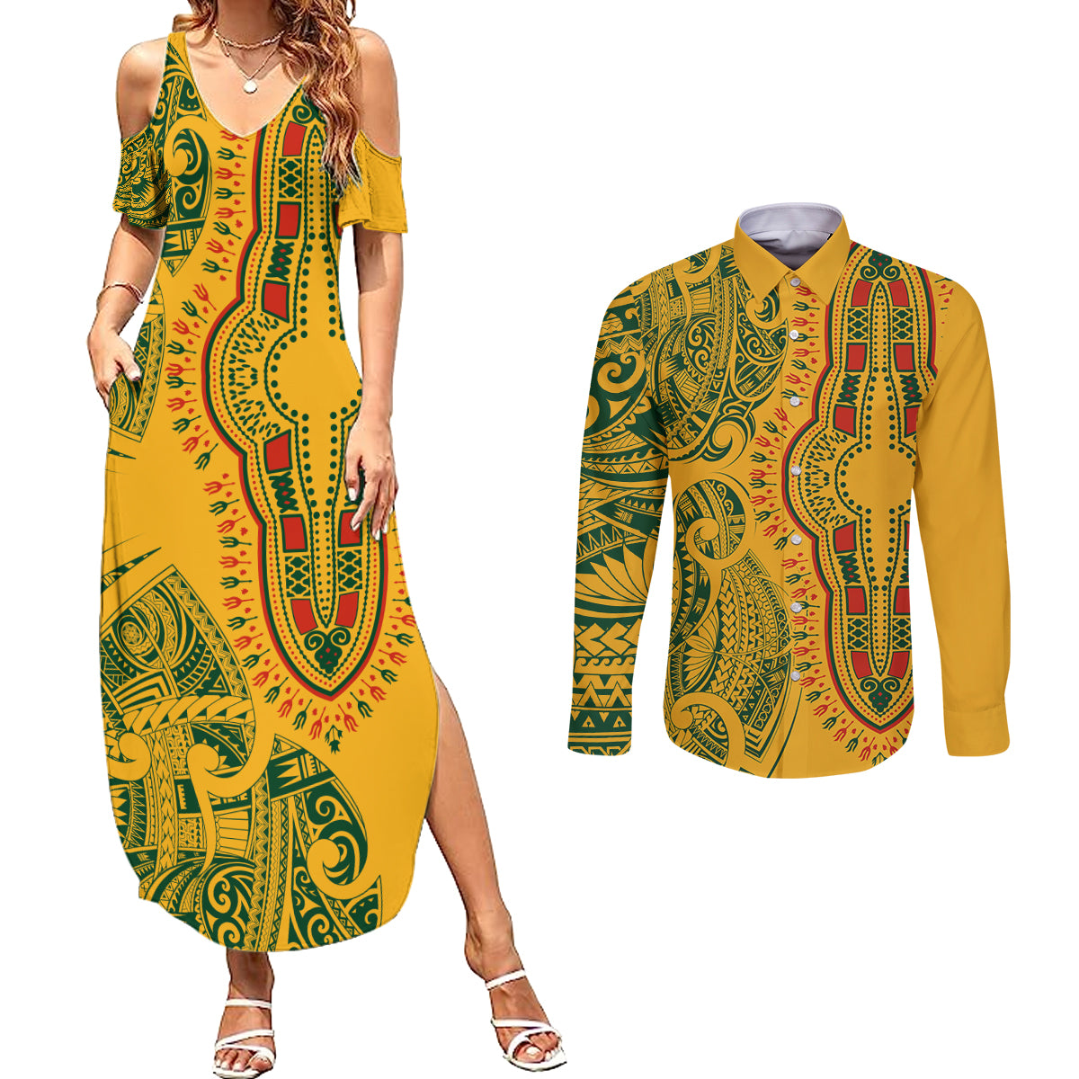 Africa Dashiki Couples Matching Summer Maxi Dress and Long Sleeve Button Shirts African Tribal Art Mixed Polynesian Tattoo Gold Color Unique LT9 - Wonder Print Shop