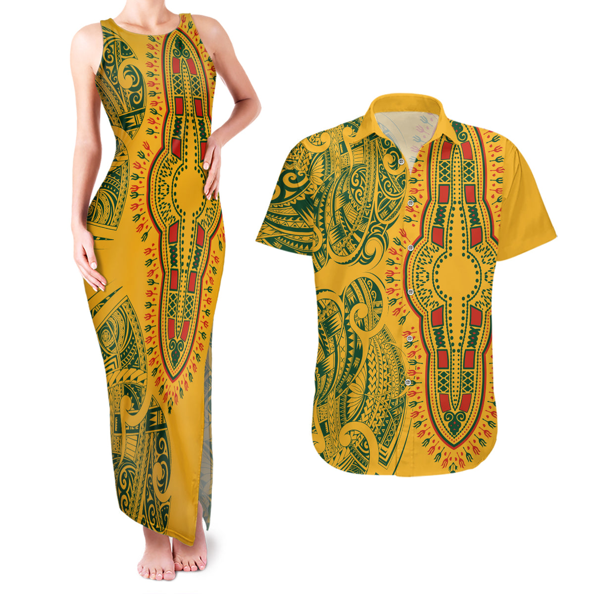 Africa Dashiki Couples Matching Tank Maxi Dress and Hawaiian Shirt African Tribal Art Mixed Polynesian Tattoo Gold Color Unique LT9 - Wonder Print Shop