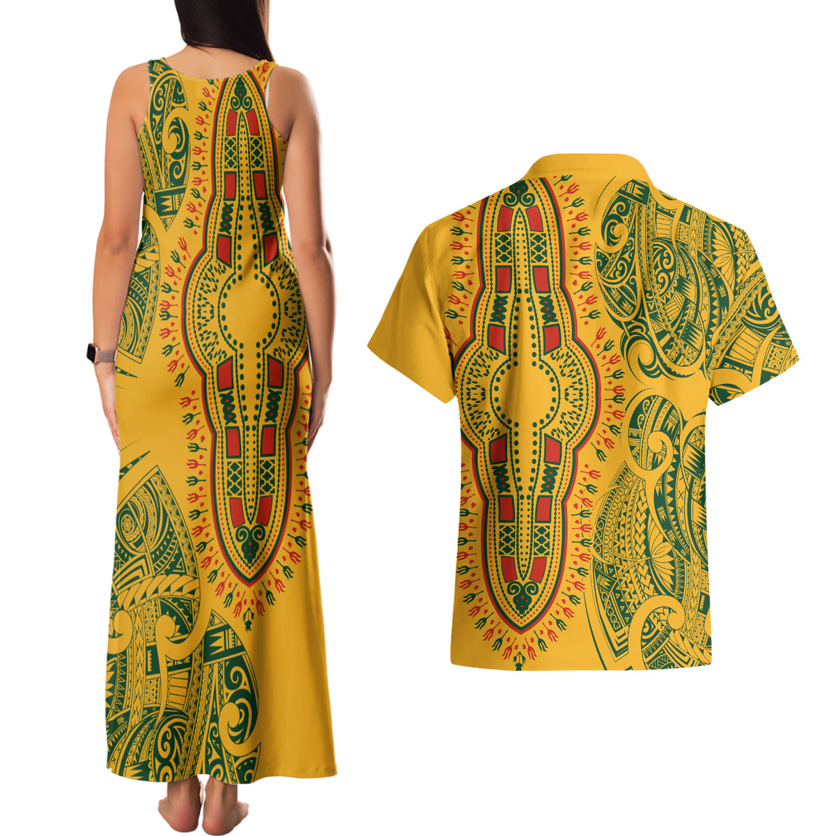 Africa Dashiki Couples Matching Tank Maxi Dress and Hawaiian Shirt African Tribal Art Mixed Polynesian Tattoo Gold Color Unique LT9 - Wonder Print Shop