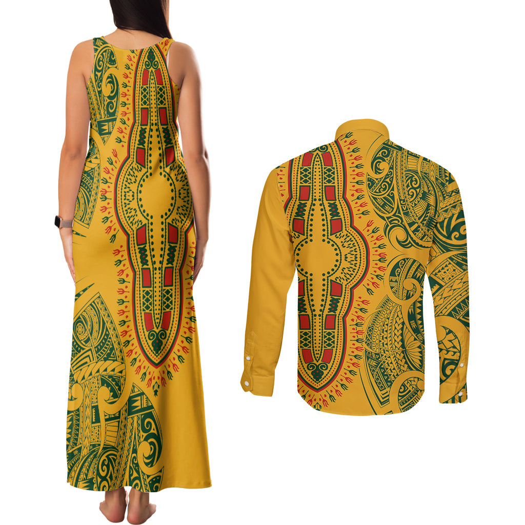 Africa Dashiki Couples Matching Tank Maxi Dress and Long Sleeve Button Shirts African Tribal Art Mixed Polynesian Tattoo Gold Color Unique LT9 - Wonder Print Shop
