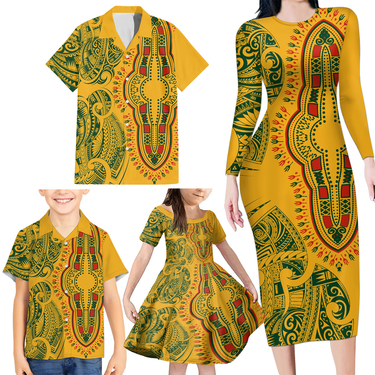 Africa Dashiki Family Matching Long Sleeve Bodycon Dress and Hawaiian Shirt African Tribal Art Mixed Polynesian Tattoo Gold Color Unique LT9 - Wonder Print Shop