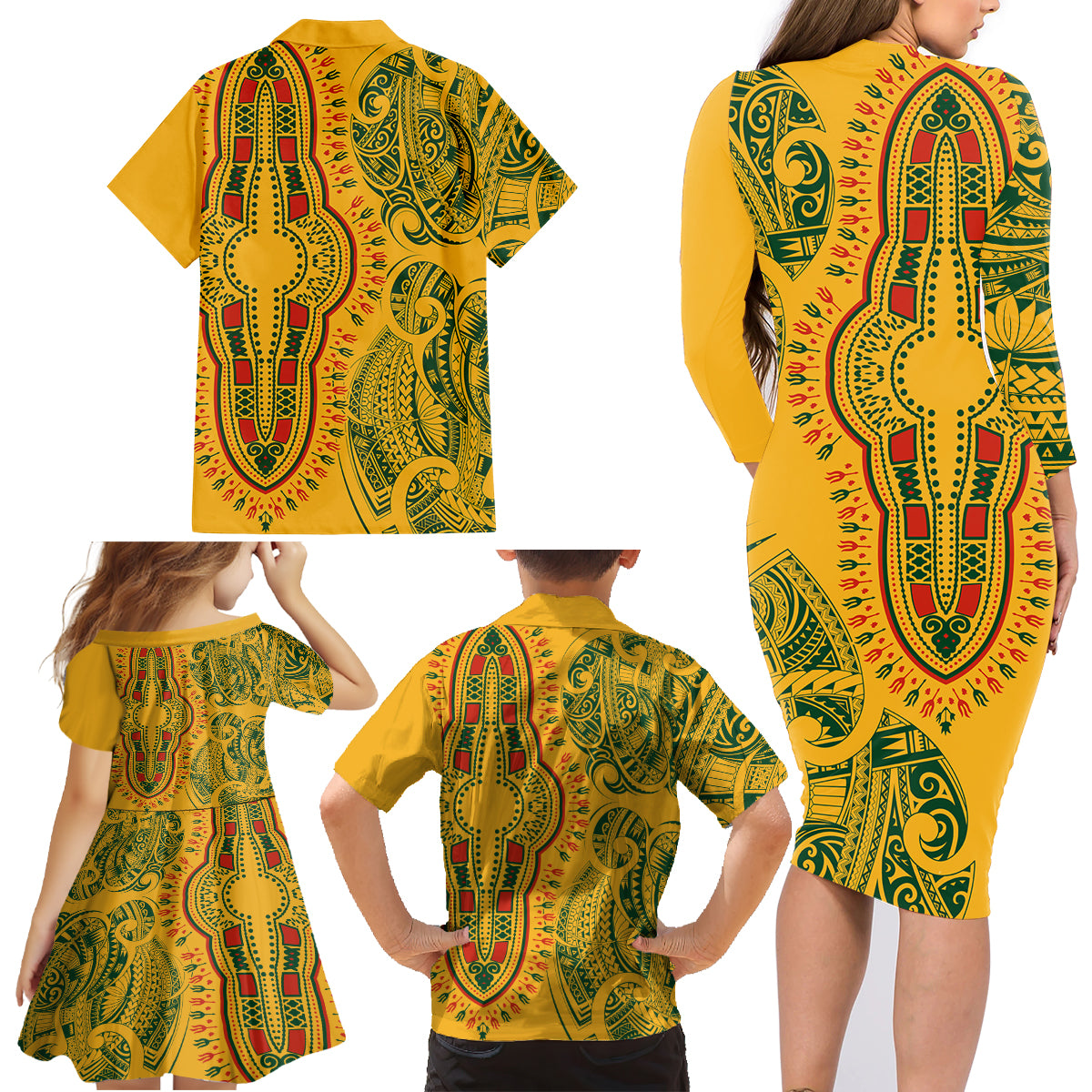 Africa Dashiki Family Matching Long Sleeve Bodycon Dress and Hawaiian Shirt African Tribal Art Mixed Polynesian Tattoo Gold Color Unique LT9 - Wonder Print Shop