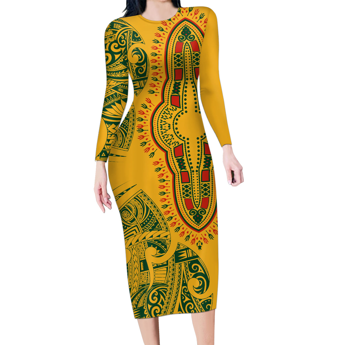 Africa Dashiki Family Matching Long Sleeve Bodycon Dress and Hawaiian Shirt African Tribal Art Mixed Polynesian Tattoo Gold Color Unique LT9 - Wonder Print Shop