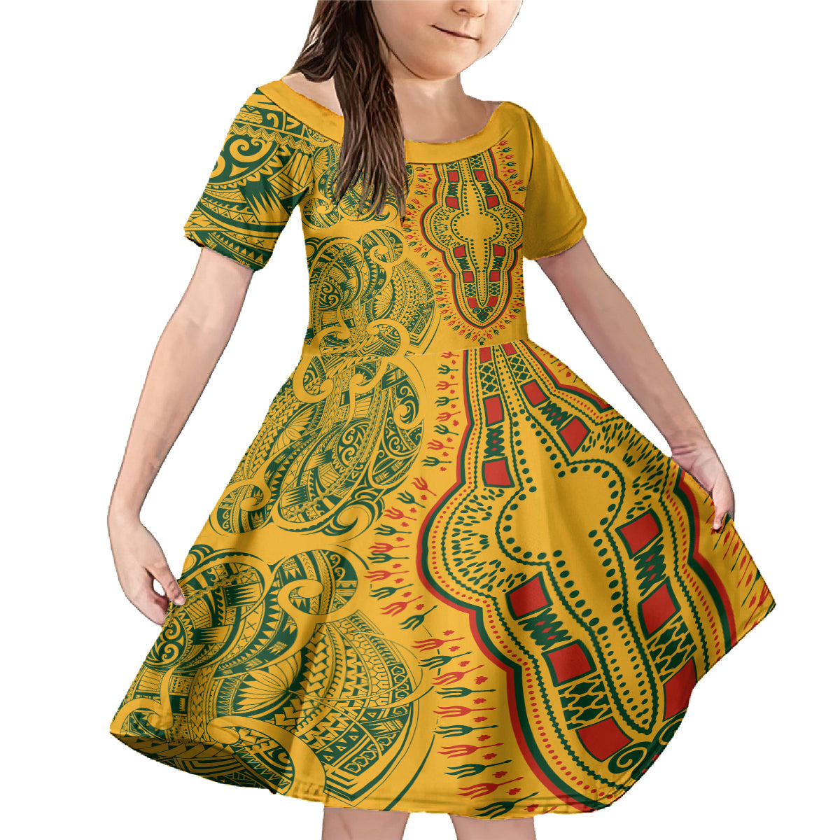 Africa Dashiki Family Matching Mermaid Dress and Hawaiian Shirt African Tribal Art Mixed Polynesian Tattoo Gold Color Unique LT9 - Wonder Print Shop