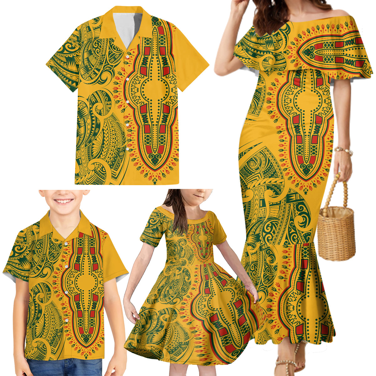 Africa Dashiki Family Matching Mermaid Dress and Hawaiian Shirt African Tribal Art Mixed Polynesian Tattoo Gold Color Unique LT9 - Wonder Print Shop