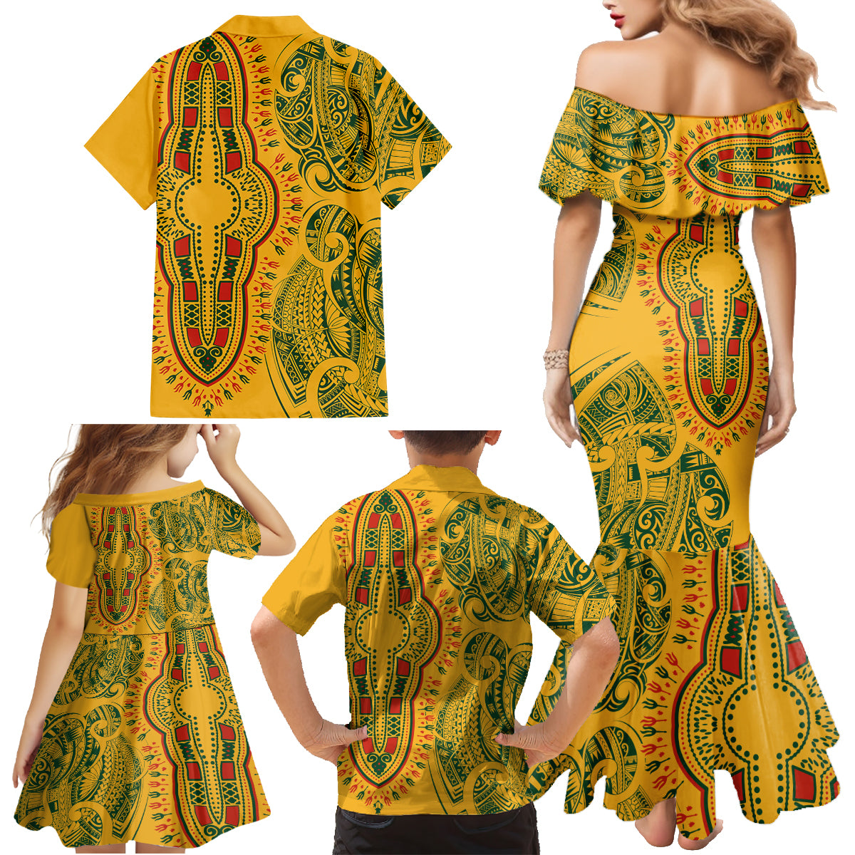 Africa Dashiki Family Matching Mermaid Dress and Hawaiian Shirt African Tribal Art Mixed Polynesian Tattoo Gold Color Unique LT9 - Wonder Print Shop