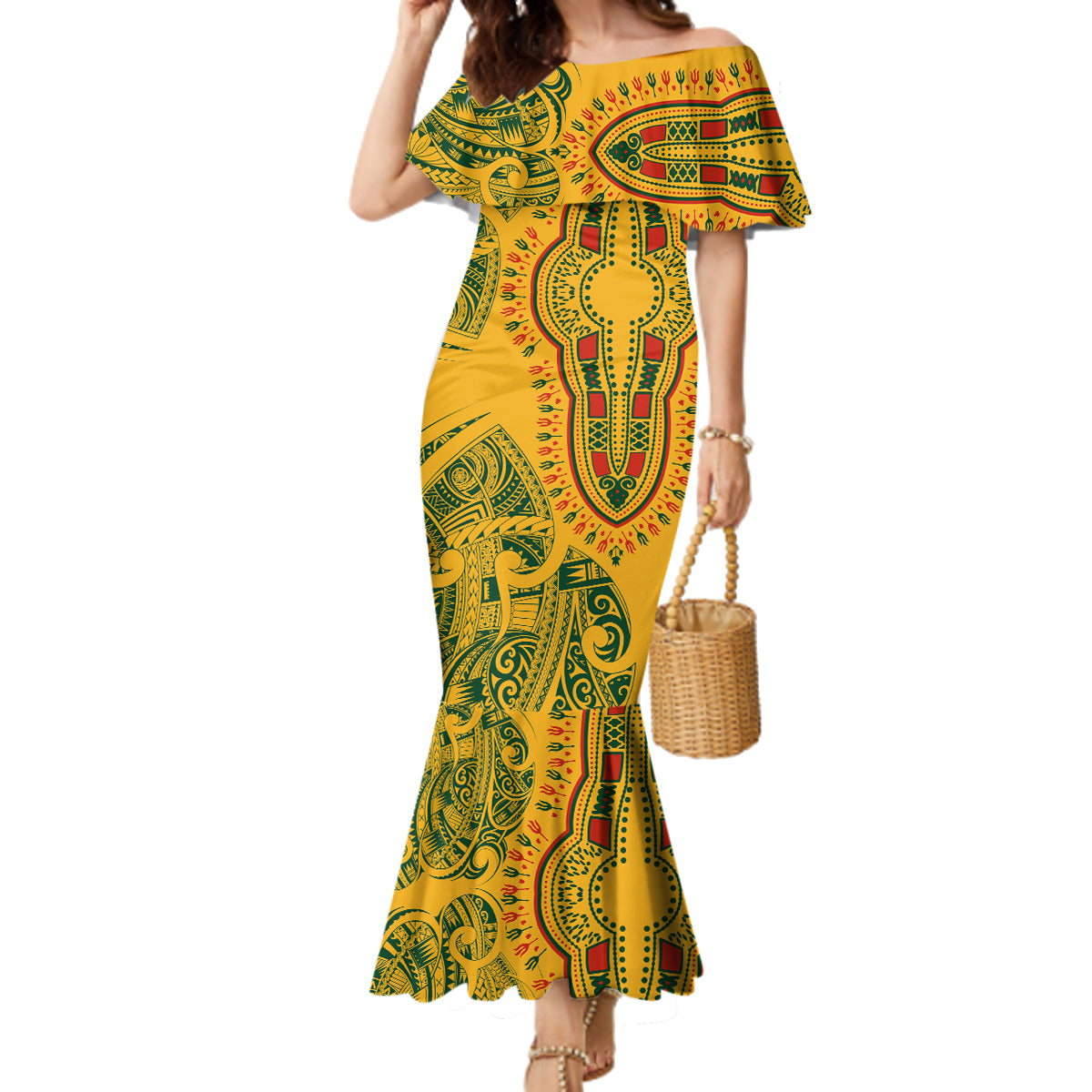 Africa Dashiki Family Matching Mermaid Dress and Hawaiian Shirt African Tribal Art Mixed Polynesian Tattoo Gold Color Unique LT9 - Wonder Print Shop