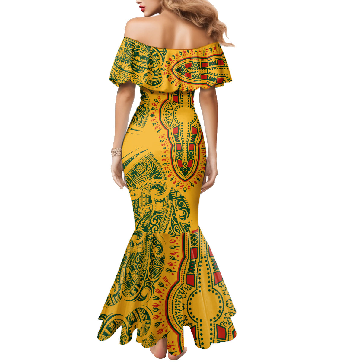 Africa Dashiki Family Matching Mermaid Dress and Hawaiian Shirt African Tribal Art Mixed Polynesian Tattoo Gold Color Unique LT9 - Wonder Print Shop