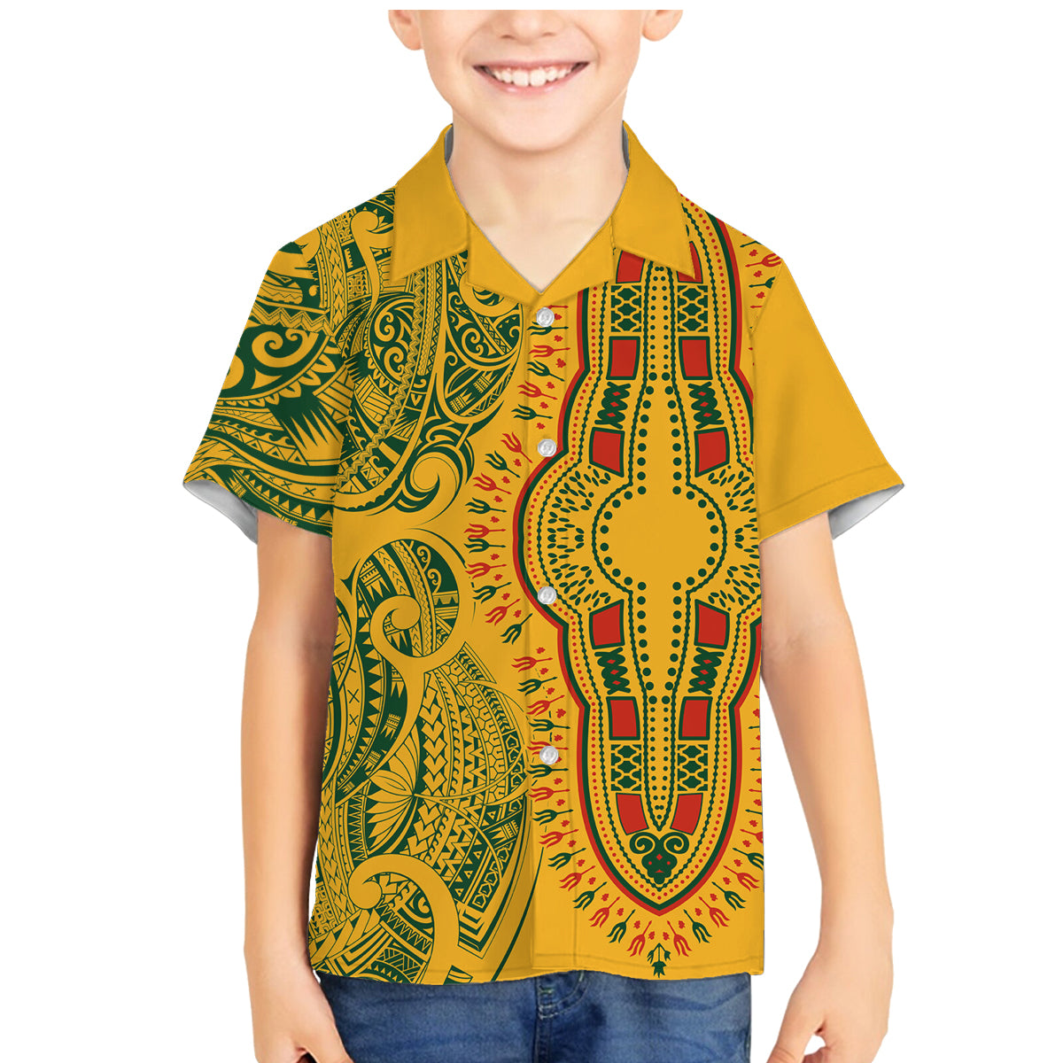 Africa Dashiki Family Matching Mermaid Dress and Hawaiian Shirt African Tribal Art Mixed Polynesian Tattoo Gold Color Unique LT9 - Wonder Print Shop
