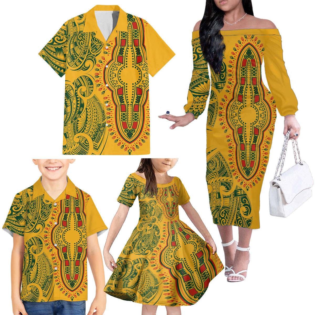Africa Dashiki Family Matching Off Shoulder Long Sleeve Dress and Hawaiian Shirt African Tribal Art Mixed Polynesian Tattoo Gold Color Unique - Wonder Print Shop