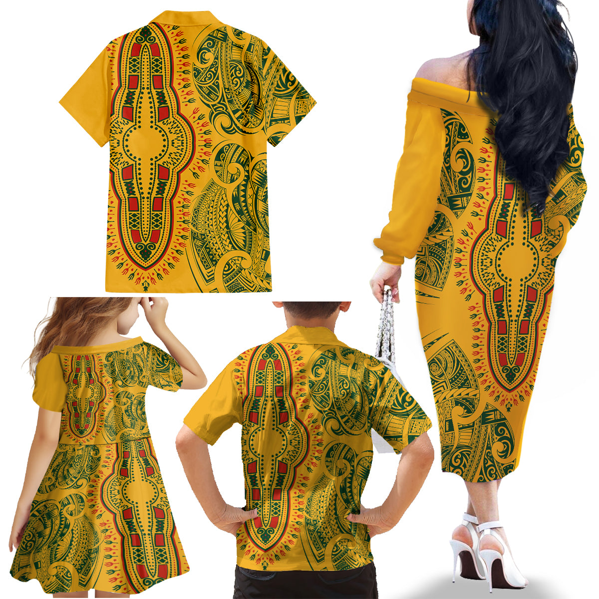 Africa Dashiki Family Matching Off Shoulder Long Sleeve Dress and Hawaiian Shirt African Tribal Art Mixed Polynesian Tattoo Gold Color Unique - Wonder Print Shop