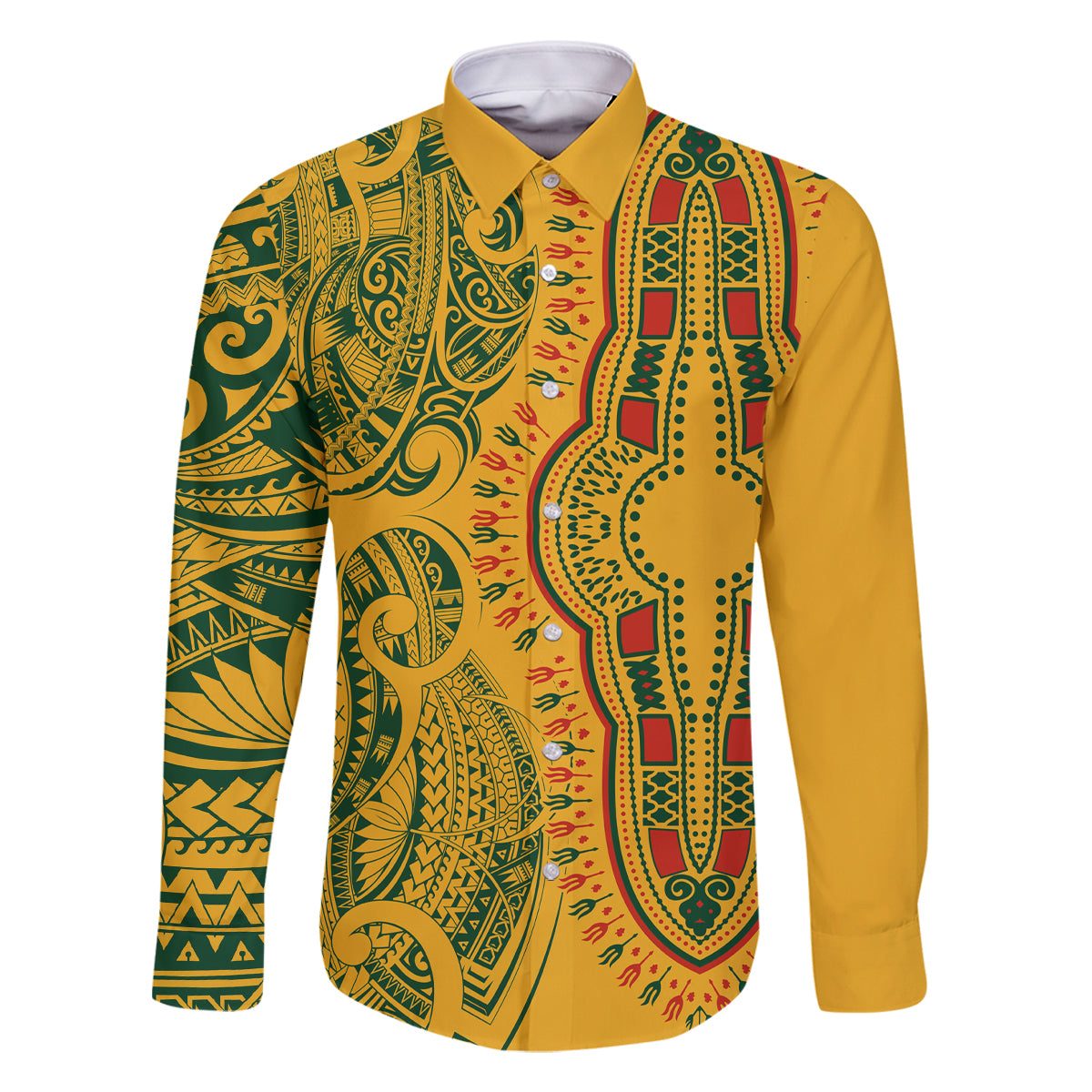 Africa Dashiki Family Matching Off Shoulder Long Sleeve Dress and Hawaiian Shirt African Tribal Art Mixed Polynesian Tattoo Gold Color Unique - Wonder Print Shop
