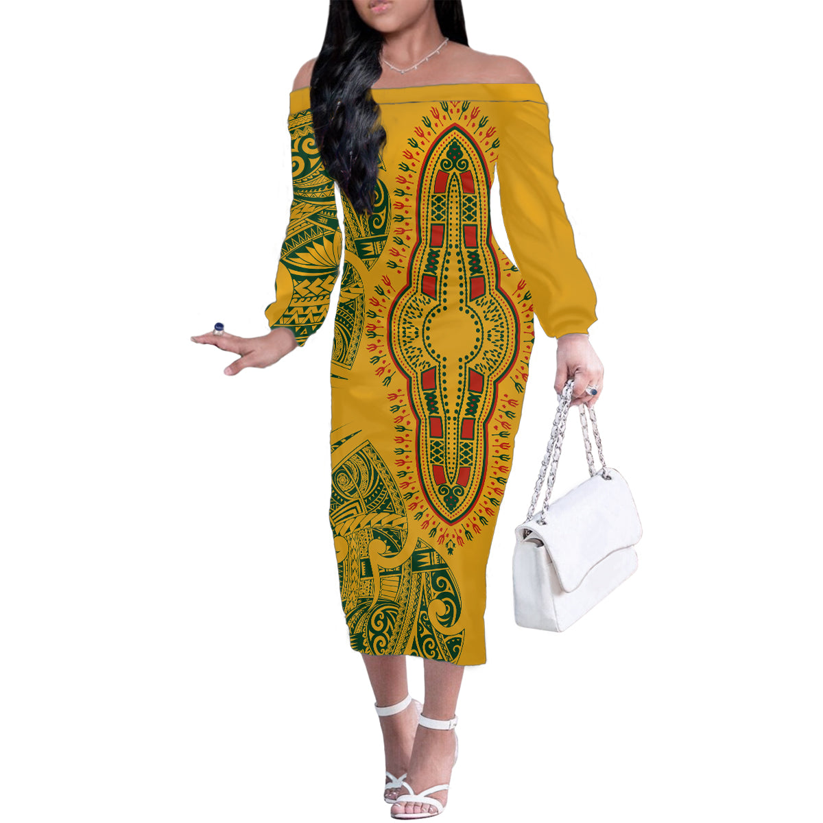 Africa Dashiki Family Matching Off Shoulder Long Sleeve Dress and Hawaiian Shirt African Tribal Art Mixed Polynesian Tattoo Gold Color Unique - Wonder Print Shop