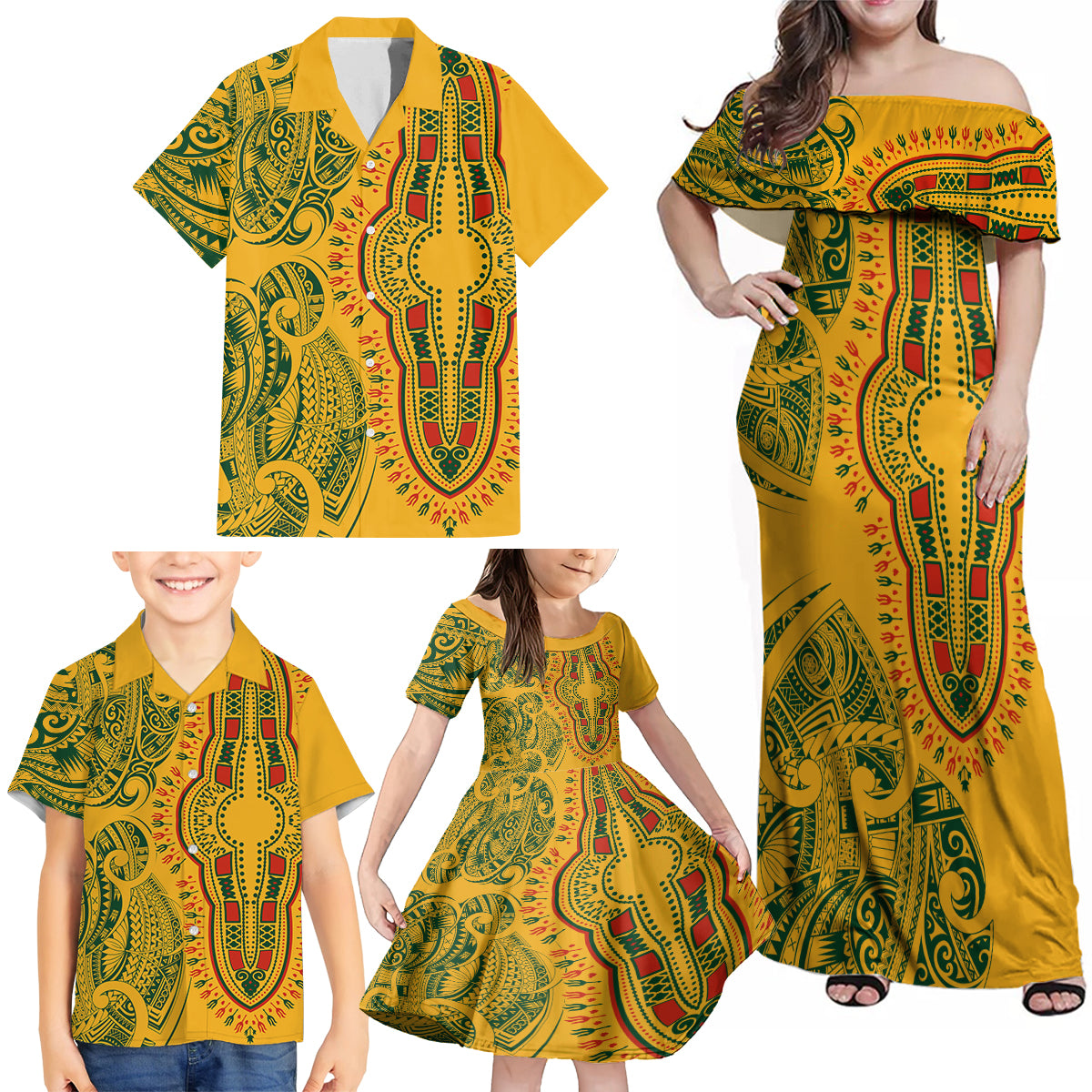 Africa Dashiki Family Matching Off Shoulder Maxi Dress and Hawaiian Shirt African Tribal Art Mixed Polynesian Tattoo Gold Color Unique LT9 - Wonder Print Shop