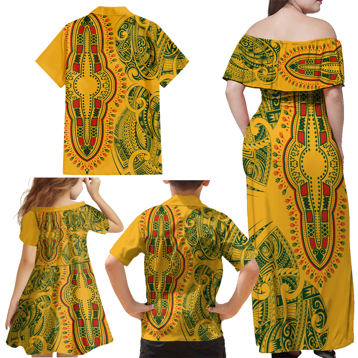Africa Dashiki Family Matching Off Shoulder Maxi Dress and Hawaiian Shirt African Tribal Art Mixed Polynesian Tattoo Gold Color Unique LT9 - Wonder Print Shop