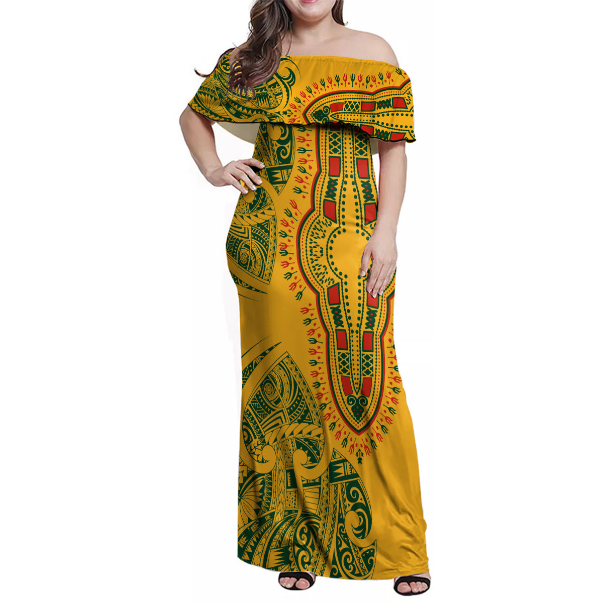 Africa Dashiki Family Matching Off Shoulder Maxi Dress and Hawaiian Shirt African Tribal Art Mixed Polynesian Tattoo Gold Color Unique LT9 - Wonder Print Shop