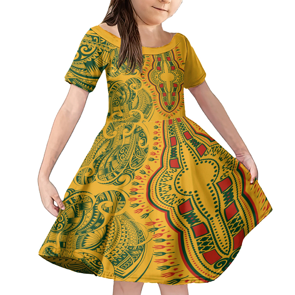 Africa Dashiki Family Matching Off Shoulder Short Dress and Hawaiian Shirt African Tribal Art Mixed Polynesian Tattoo Gold Color Unique LT9 - Wonder Print Shop